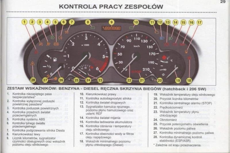 Kontrolki Peugeot 206: Interpretacja ikon na desce Peugeota 206